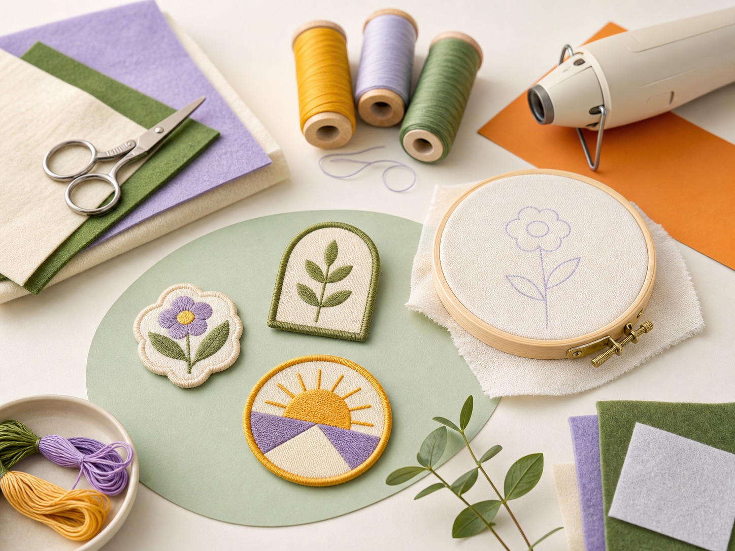 刺繍ワッペンと制作道具を並べた様子